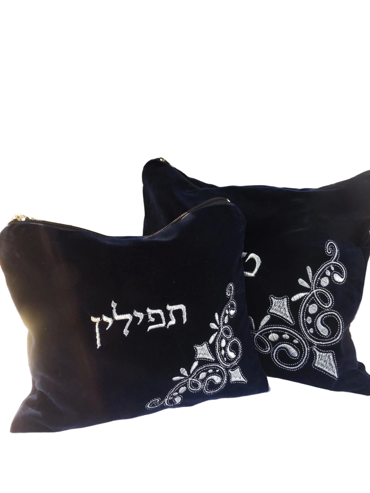כיסוי לטלית ולתפילין מקטיפה כחול כהה עם רקמת כסף